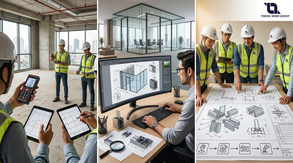 Quy trình khảo sát và thiết kế biện pháp thi công vách kính văn phòng
