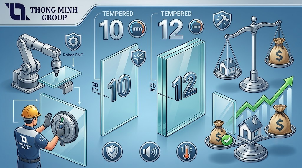 Báo giá kính cường lực 10mm 12mm: Bản cập nhật kỹ thuật và chi phí thi công tối ưu