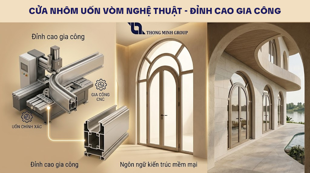 Cửa nhôm uốn vòm nghệ thuật: Đỉnh cao gia công và ngôn ngữ kiến trúc mềm mại