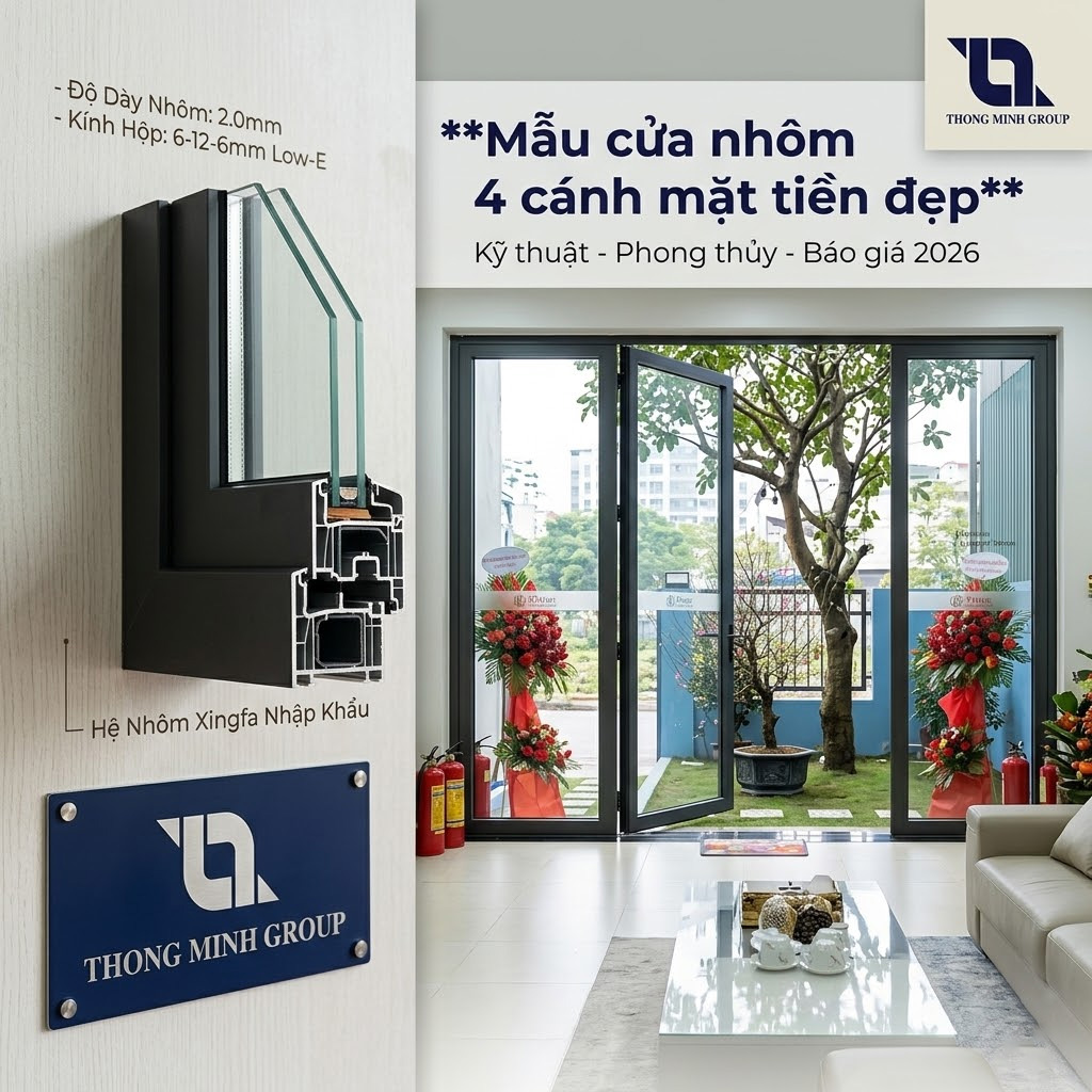 Mẫu cửa nhôm 4 cánh mặt tiền đẹp: Giải pháp kiến trúc đẳng cấp cho không gian mở